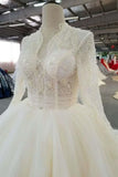 Ball Gown Wedding Dresses High Neck Long Sleeves Royal Train Tulle