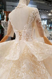 Luxury Wedding Dresses High Neck A-Line Lace Half Sleeves Open Back Cathedral