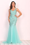 New Arrival V Neck Tulle With Applique And Beads Mermaid Prom