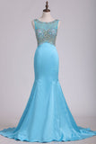 Hot And New Arrival See-Through Scoop Prom Dresses With Beading Sweep Train Satin