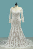 Bateau Wedding Dresses Mermaid Long Sleeve Tulle With Applique Sweep