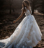 A Line Ivory V Neck Country Wedding Dresses with Appliques, Beach Wedding Gowns STA15548