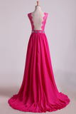 New Arrival V Neck Tulle&Lace Back A Line Exquisite Chiffon Beading Prom Dress