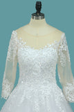 A Line 3/4 Length Sleeves Tulle Scoop Wedding Dresses With