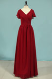 V-Neck A Line Chiffon Bridesmaid Dresses Floor