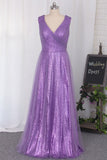 Floor Length Bridesmaid Dresses Sequins & Tulle V Neck A