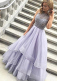 Floor Length Long Beading Tulle Open Back Prom Dresses Princess