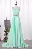 V Neck A Line Ruched Bodice Beaded Waistline Chiffon Bridesmaid Dresses Sweep