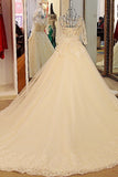 Long Sleeves Scoop Neck Wedding Dresses A Line With Beading Court Train Tulle Lace