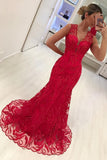 New Arrival V Neck Lace Mermaid Prom Dresses Sweep