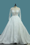 A Line Scoop Long Sleeves Wedding Dresses Tulle With Applique Chapel