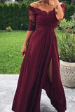 Modest Off the Shoulder Burgundy Bridesmaid Dresses with Slit, Prom STA15655