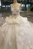 Luxury Floral Scoop Neck Tulle Wedding Dresses Lace Up With Appliques