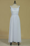 A Line Spaghetti Straps Open Back Bridesmaid Dresses Chiffon With Beading