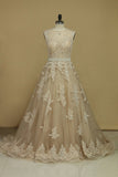 Chapel Train Wedding Dresses Bateau Tulle With Applique And Sash A Line