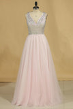 New Arrival Beaded Bodice Open Back V Neck Prom Dresses A Line