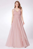 Simple A Line Pink V Neck Tulle Sleeveless Prom Dresses Long Bridesmaid Dresses STA15383