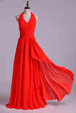 Halter A-Line Bridesmaid Dresses Floor Length With Long Chiffon Skirt