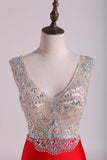 V Neck Beaded Bodice Open Back Prom Dresses Column Spandex Sweep