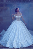 Lace A Line Off The Shoulder Wedding Dresses With Applique Chapel