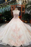 Luxurious Floral Wedding Dresses Scoop Neck With Appliques And Sequins Lace