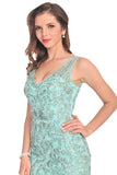 New Arrival V Neck Tulle With Applique And Beads Mermaid Prom