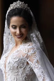 Luxurious Long Sleeves Scoop A Line Lace Wedding Dresses With Pearls Royal