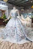 Ball Gown Lace Up Back Cathedral Train Wedding Dress Appliques&Beads Long