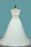 A Line Tulle Cap Sleeve Scoop Wedding Dresses With Applique Court