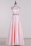 New Arrival High Neck Open Back A Line Satin With Beading Prom