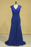 Hot V Neck Mother Of The Bride Dresses Dark Royal Blue Sweep Train With Ruffle Cap Sleeves