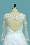 A Line Tulle Long Sleeves Scoop Wedding Dresses With Applique Open