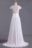 Wedding Dresses V Neck Chiffon & Lace Short Sleeves Sweep