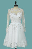 A Line Scoop Wedding Dresses Long Sleeves Tulle With Applique & Beading Detachable Skirt Chapel