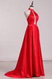 New Arrival Halter A Line Evening Dresses Satin Sweep STAPXRSZSBM