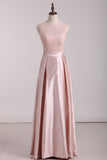 Open Back Scoop A Line Bridesmaid Dresses Satin & Lace Floor Length