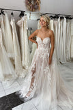 Charming Sweetheart Lace Tulle Wedding Dresses with Slit