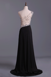 Prom Dresses A Line One Shoulder With Slit And Beading Sweep Train