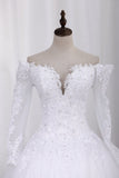 New Wedding Dress A-Line Scoop Long Sleeves Tulle Court Train With