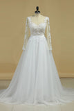 Boat Neck Wedding Dresses A-Line Long Sleeves Applique