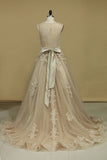 Chapel Train Wedding Dresses Bateau Tulle With Applique And Sash A Line