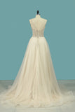 A Line Spaghetti Straps Wedding Dresses Beaded Bodice Tulle Court