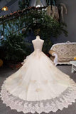 New Arrival Luxurious Scoop Neck Wedding Dresses Tulle Lace Up With Open Back Lace