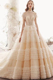 Ball Gown Wedding Dresses High Neck Top Quality Tulle Lace Up