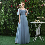 A Line V Neck Tulle Blue Cheap Prom Dress, Long Floor Length Bridesmaid Dresses STA15044