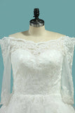 A Line Boat Neck 3/4 Length Sleeves Wedding Dresses Tulle With