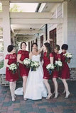 A Line Burgundy Lace Cap Sleeve Bridesmaid Dresses, Knee Length Short Wedding Party Dresses STA14995