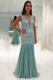 New Arrival V Neck Lace Mermaid Prom Dresses Sweep