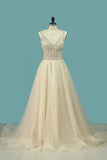 A Line Spaghetti Straps Wedding Dresses Beaded Bodice Tulle Court