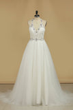 Halter Wedding Dresses A Line Open Back Tulle With Emroidery And